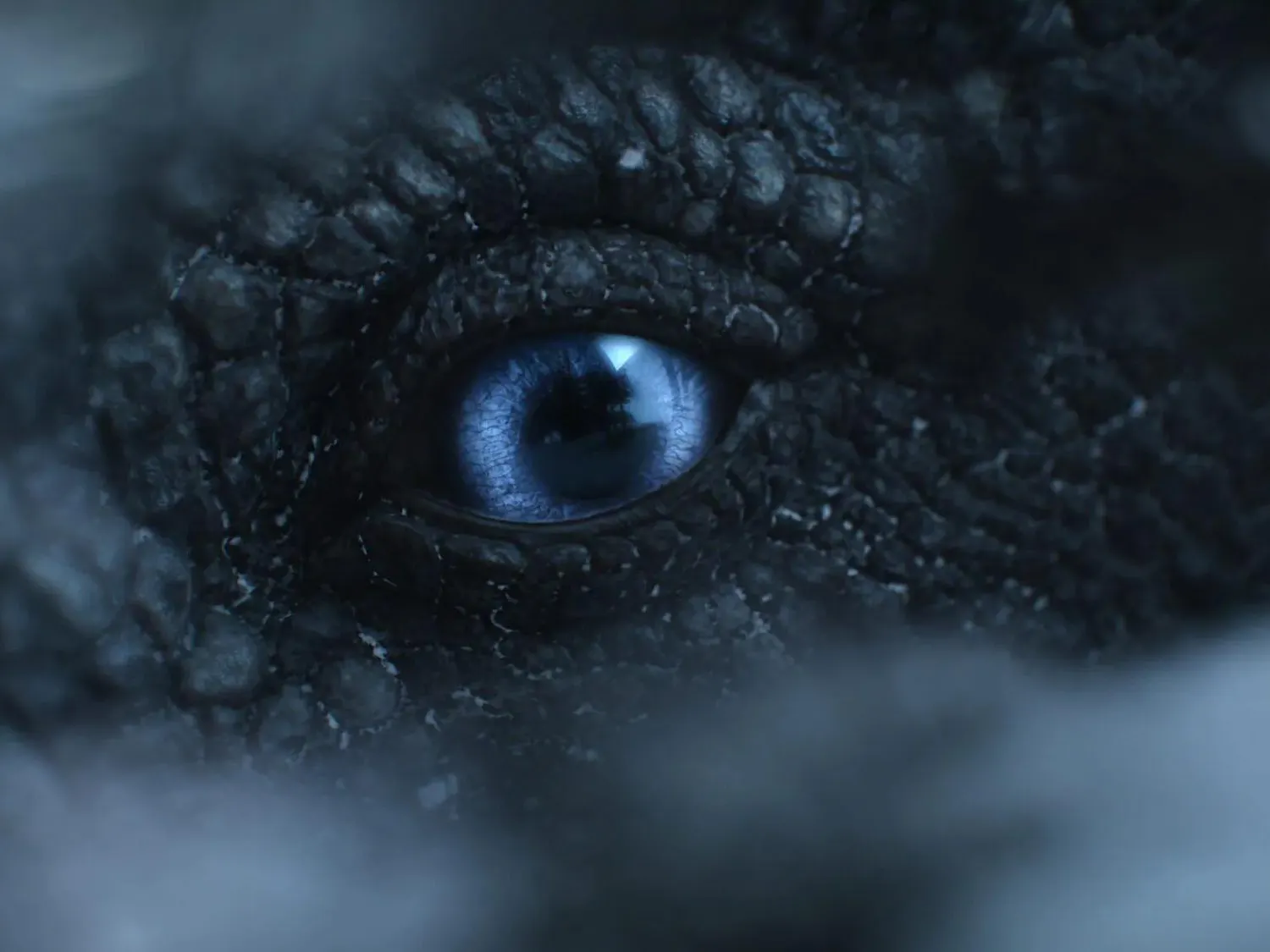 A screen grab from the film “The Dinosaurs” where a blue-eyed dinosaur peaks through a crack.