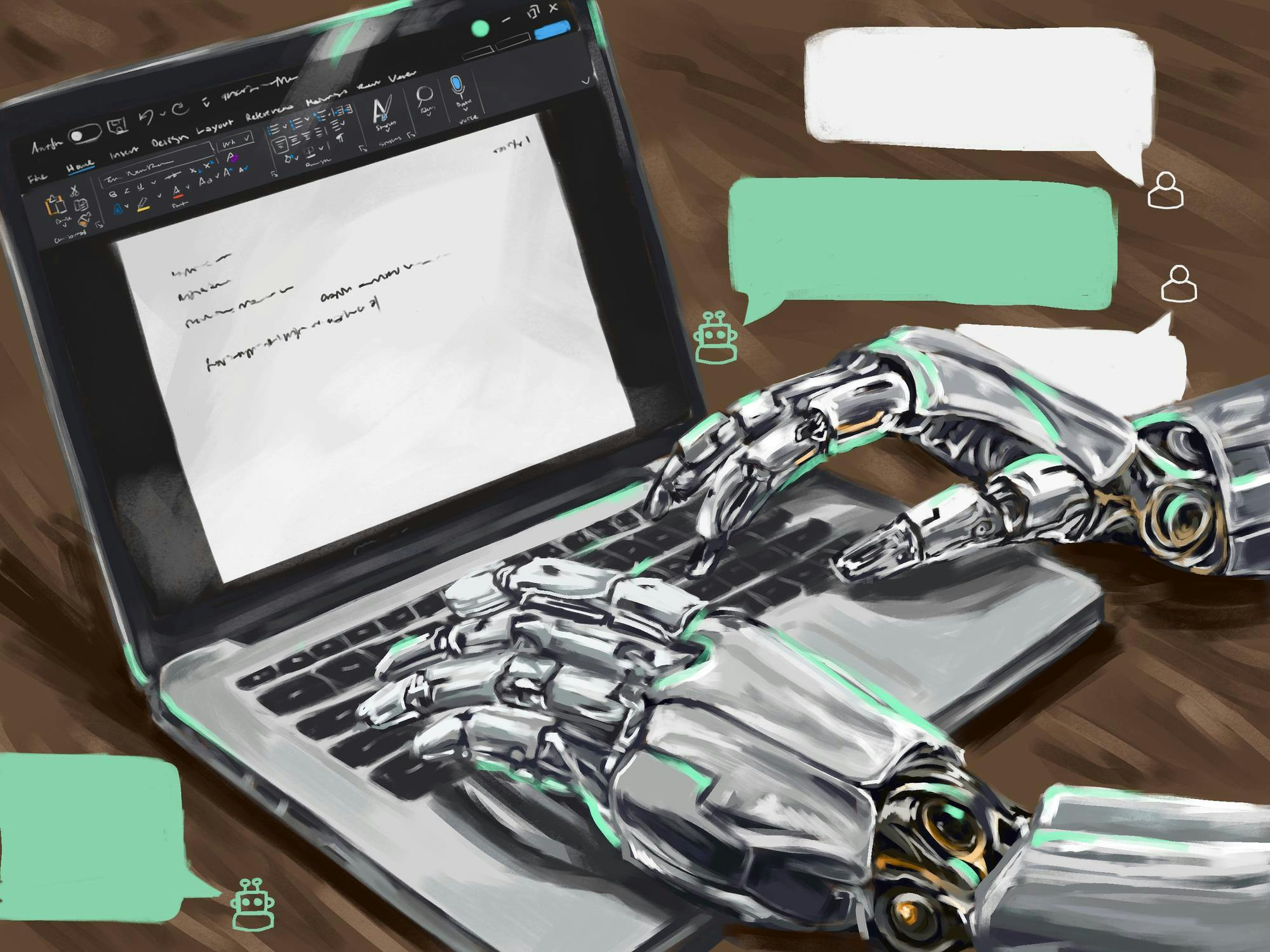 Illustration of a pair of silver robot hands typing on a laptop with a document editor open on it. Green and white text bubbles float around the laptop and hands.