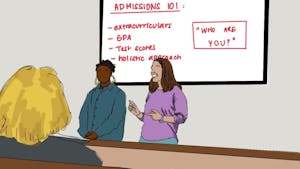 An illustration of two women in front of a whiteboard saying "Admissions 101" with a list of extracurriculars, GPA, test scores, holistic approach. 