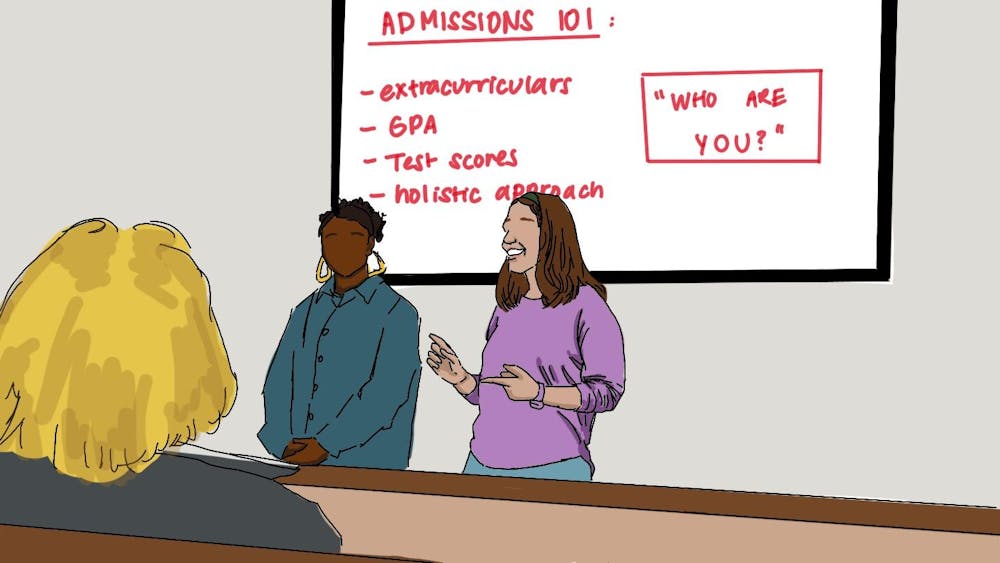 An illustration of two women in front of a whiteboard saying "Admissions 101" with a list of extracurriculars, GPA, test scores, holistic approach. 