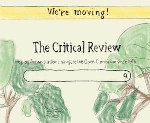 An illustration of a portion of The Critical Review's webpage. A search portal sits below text reading, "Helping Brown students navigate the Open Curriculum since 1976."