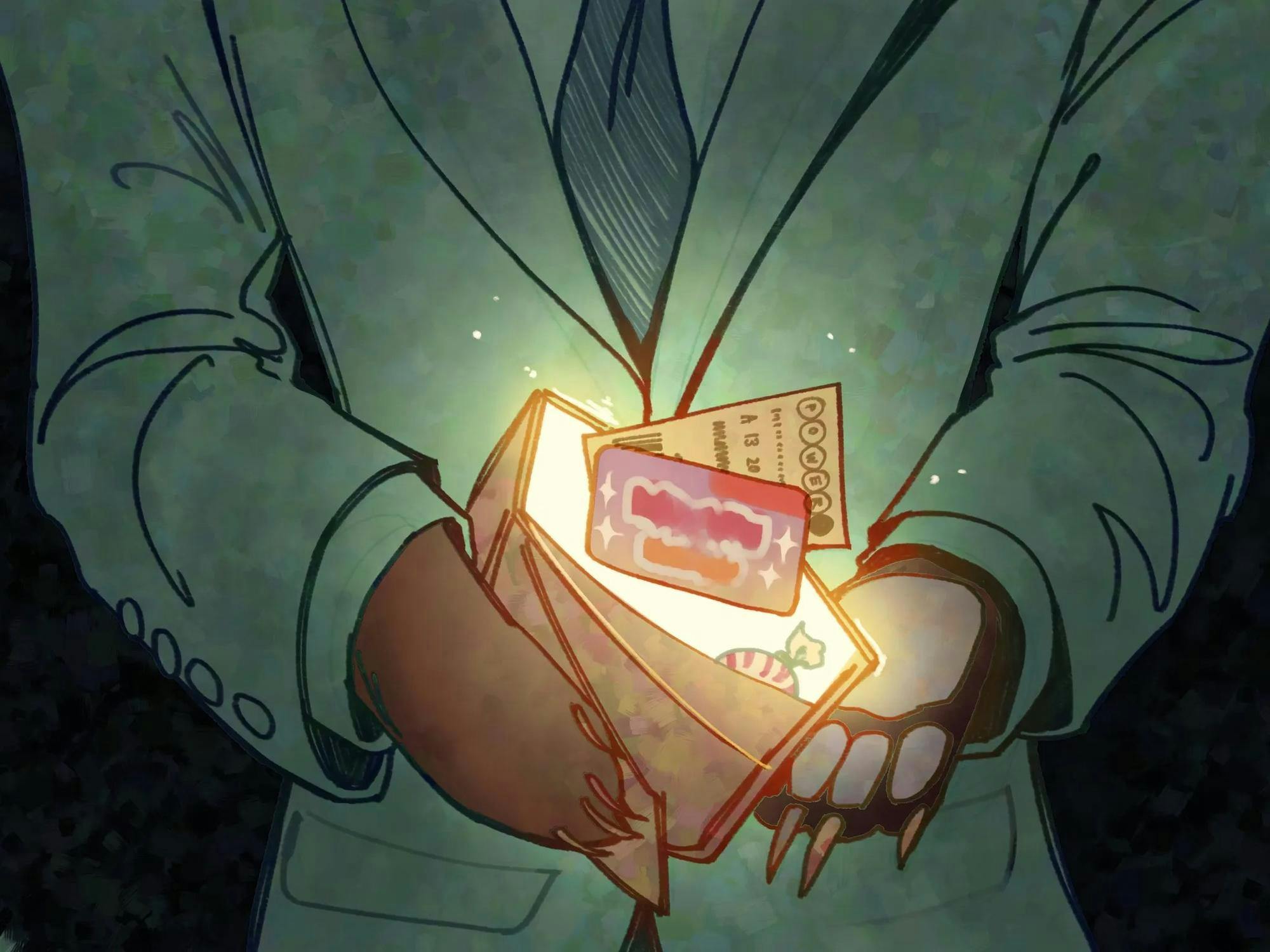Illustration of a close up of a bear in a suit holding a wallet out of which golden light and cards are floating.