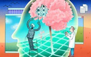 An illustration of a doctor and robot snipping a tree that resembles a brain.