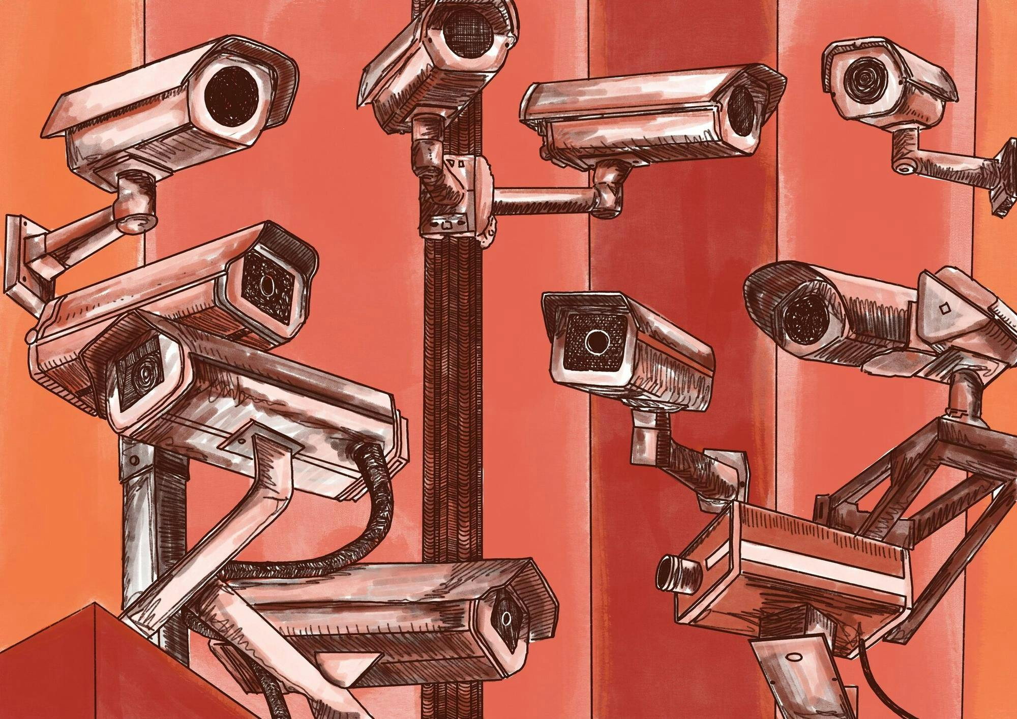 An orange-tinged illustration of ten different different security cameras branched off of each other.