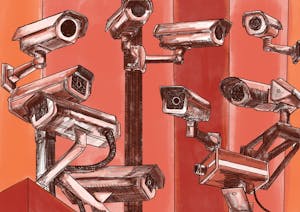 An orange-tinged illustration of ten different different security cameras branched off of each other.