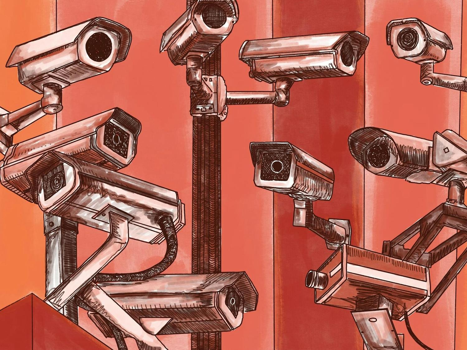 An orange-tinged illustration of ten different different security cameras branched off of each other.