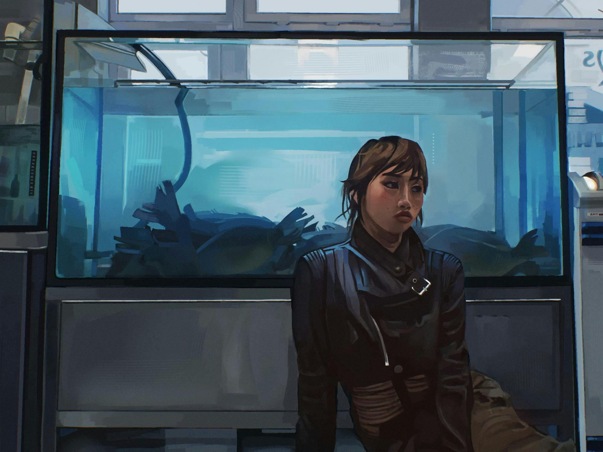 An illustration showing a girl with brown hair wearing a black long-sleeved top sitting on the ground in front of a large rectangular fish tank. 