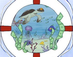 An illustration depicts a turtle, jellyfish, octopus and other sea creatures swimming near the ocean floor. Green bills of money drift by, and shiny gold ingots lie on the ground. 