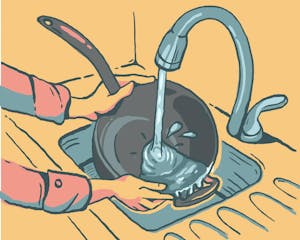 Illustration of a person washing a wok under a faucet.