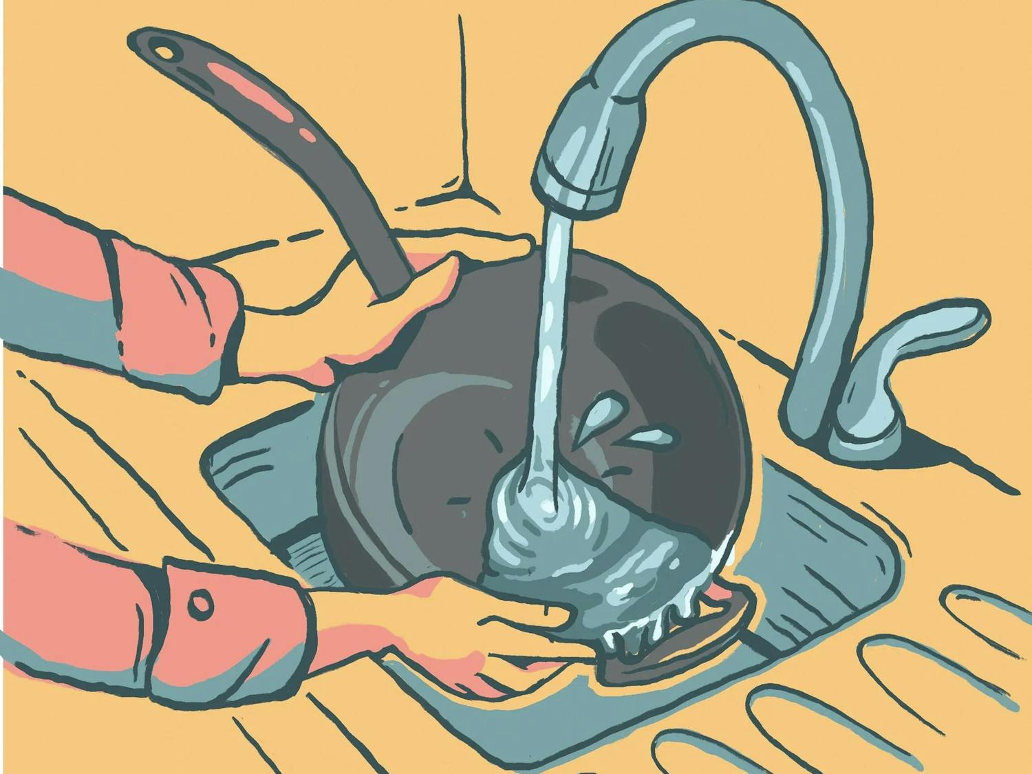 Illustration of a person washing a wok under a faucet.