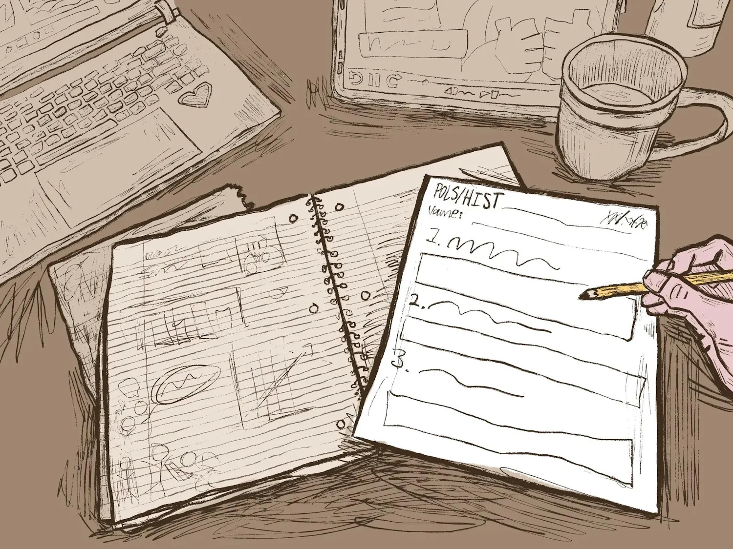 Illustration of a hand holding a pencil on the right, finishing a worksheet entitled “POLS/HIST” with lines and three questions with boxes for answers on top of a lined notebook with notes, an open laptop and tablet in the back with a mug with liquid in it.
