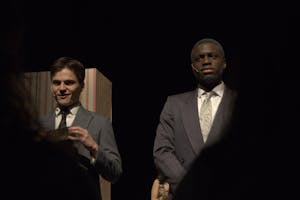 Avi Levin ’26 and Mikai Spencer ’26 as Steven Kodalv and Mr. Maraczek in “She Loves Me.”