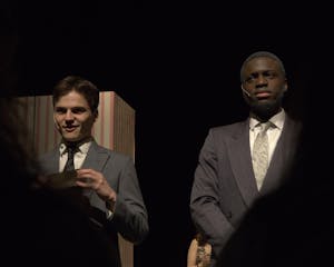 Avi Levin ’26 and Mikai Spencer ’26 as Steven Kodalv and Mr. Maraczek in “She Loves Me.”