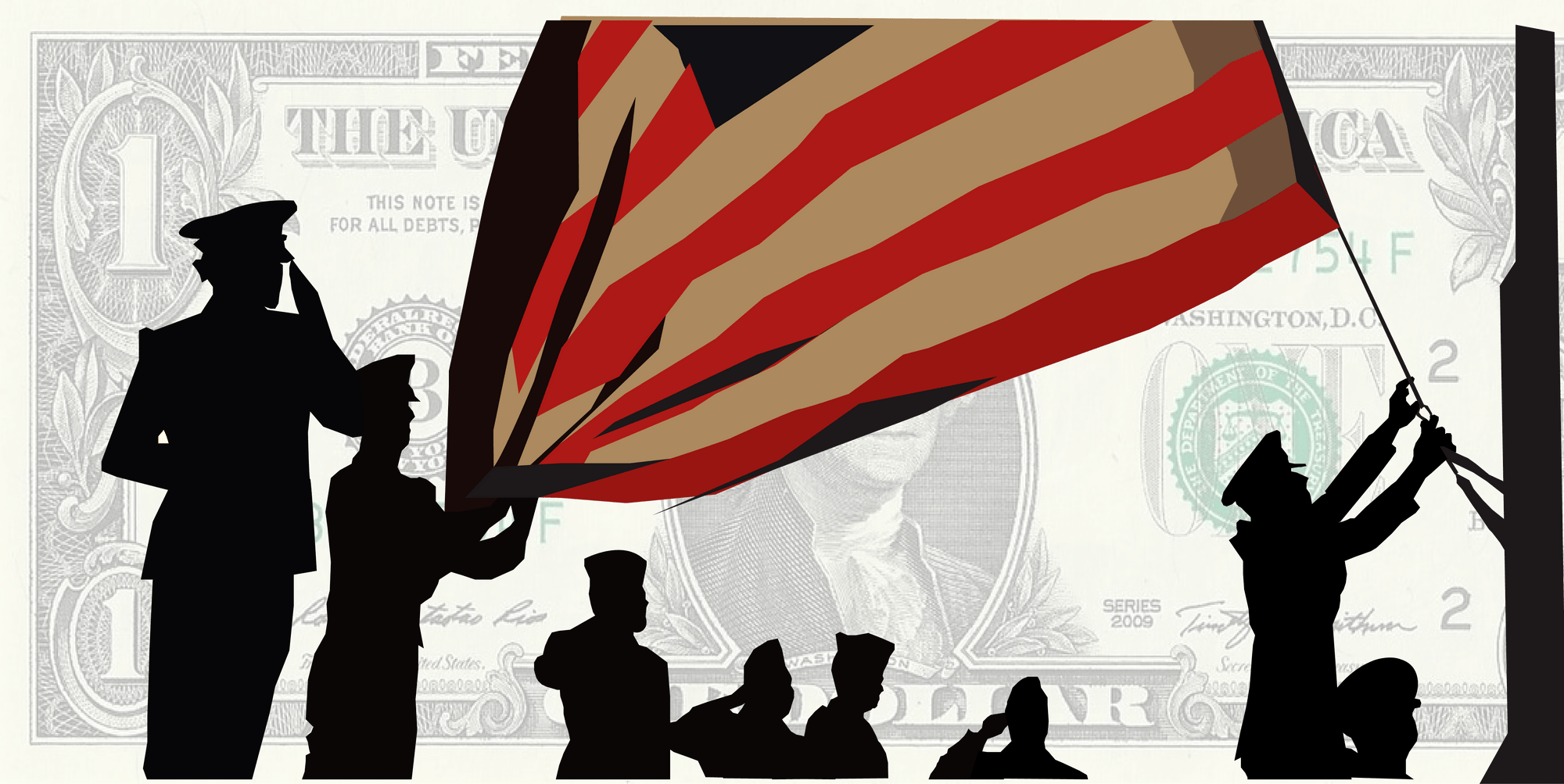 An illustration of the silhouettes of veterans saluting and holding up the American flag. The background is an image of the front of the one dollar bill.