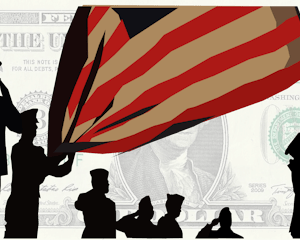 An illustration of the silhouettes of veterans saluting and holding up the American flag. The background is an image of the front of the one dollar bill.