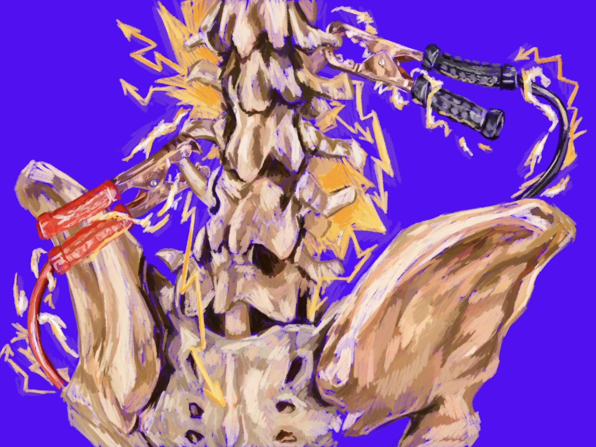 An illustration of a spine’s vertebrae receiving electrical signals.