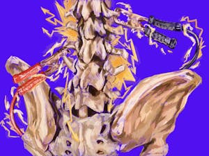 An illustration of a spine’s vertebrae receiving electrical signals.