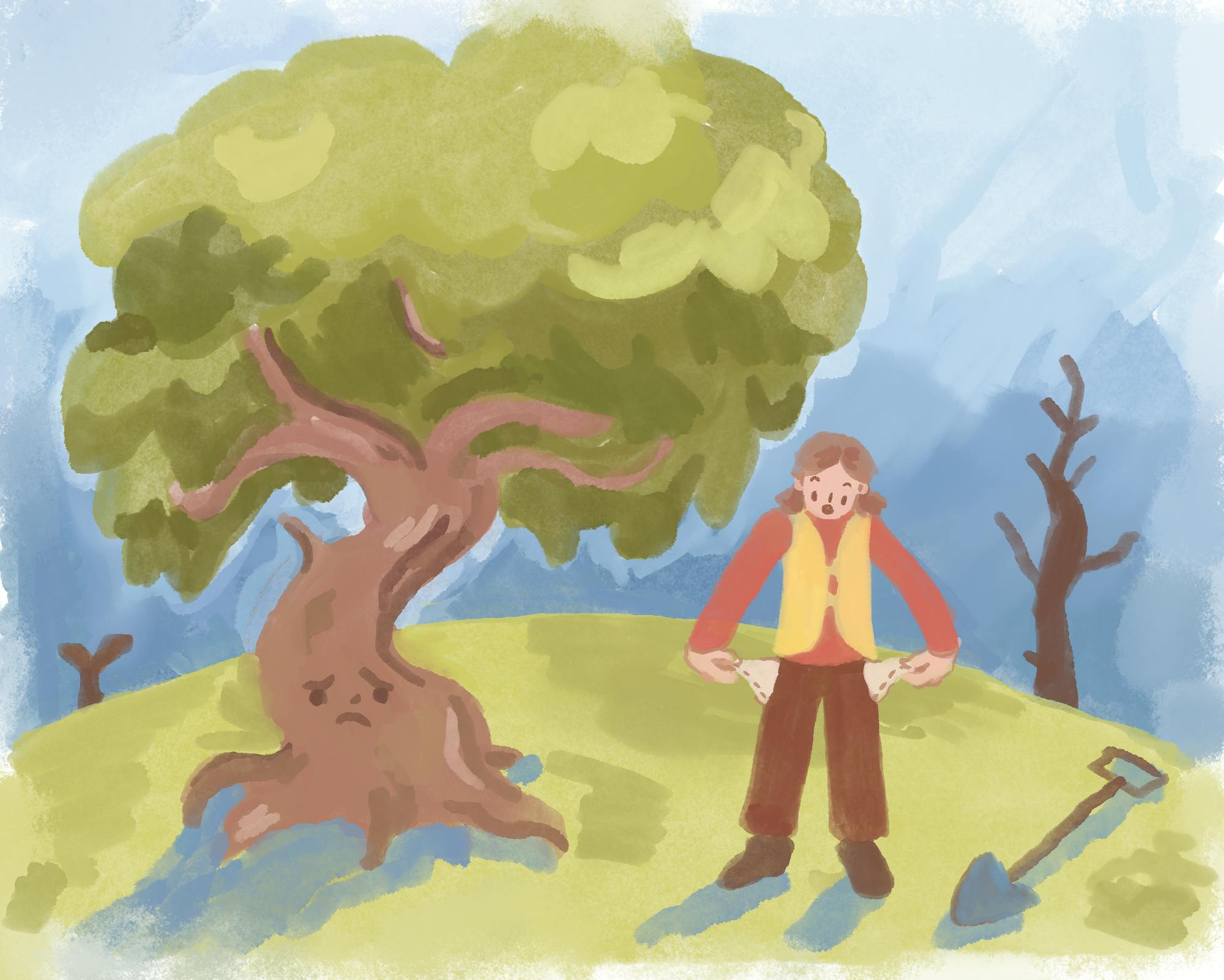 Woman with yellow vest and pigtails checks empty pockets on hill with tree. 