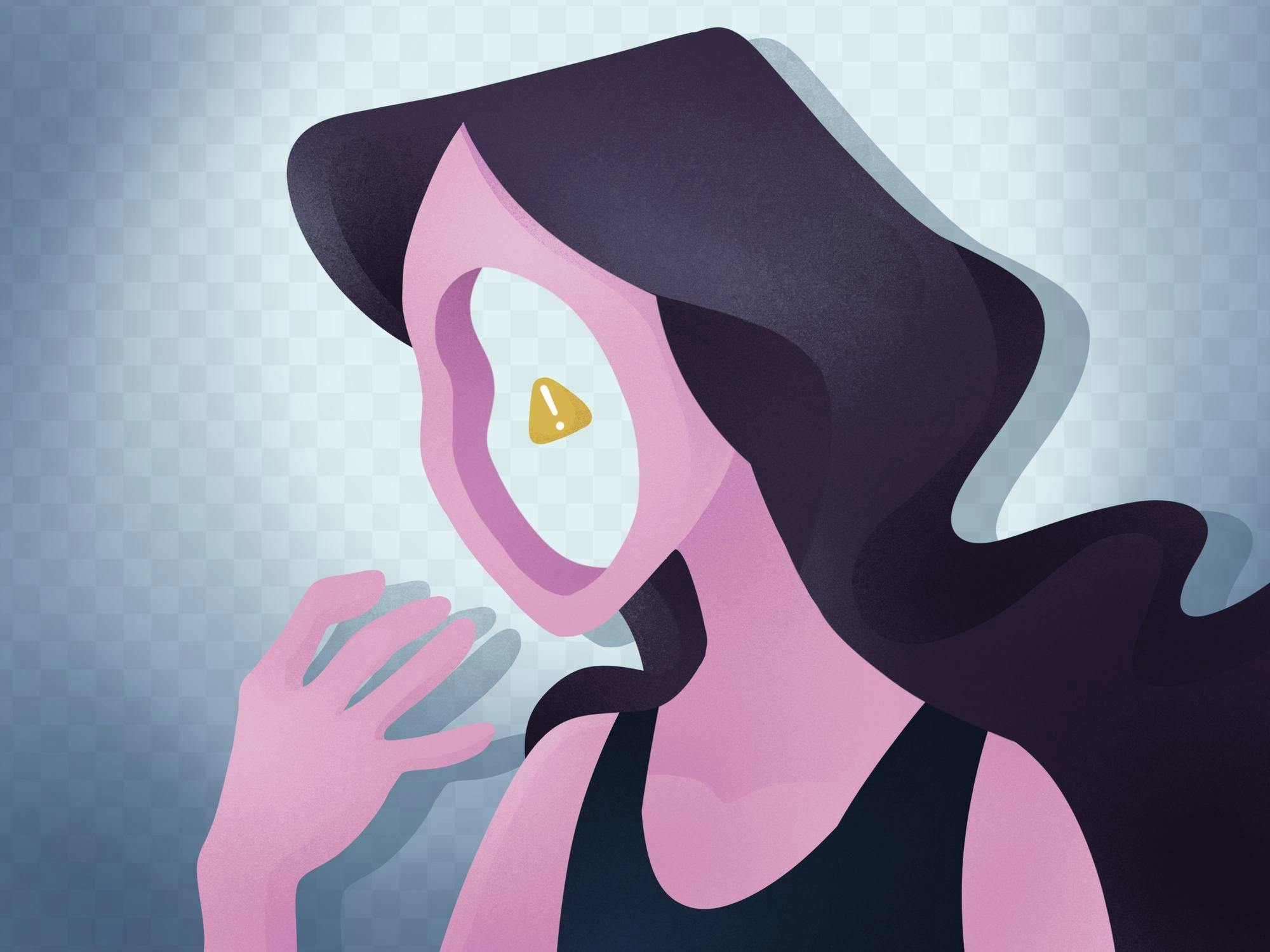 An illustration of a girl whose face is replaced by a hole with a warning exclamation mark in the center. 