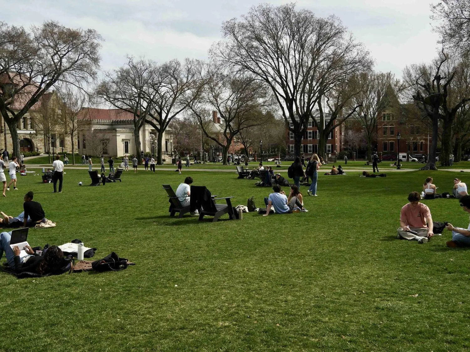 The picture is of the Main Green at Brown University. Students are sitting on the green, doing homework on their laptops or talking to each other. In the background, a group of students is playing a game. The sky is bright but cloudy.