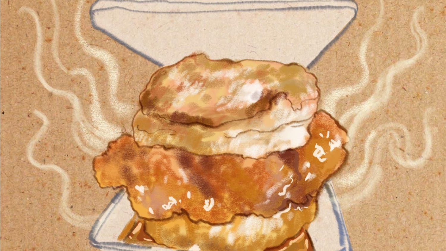 An illustration showing a fried chicken biscuit sandwich steaming in a white disposable food container with blue stripes.