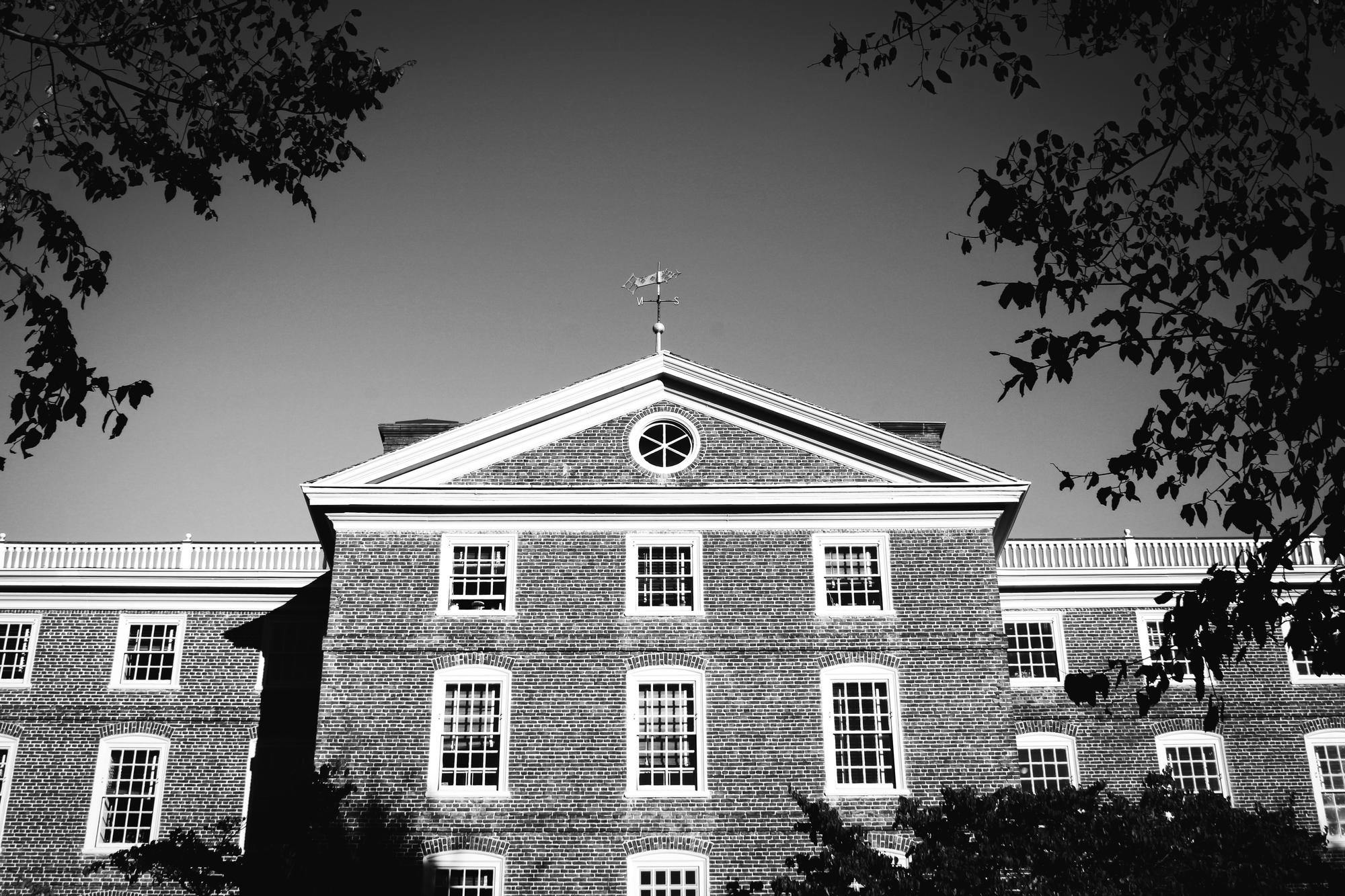 A black and white photo of the top of Brown University's University Hall.