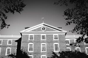 A black and white photo of the top of Brown University's University Hall.