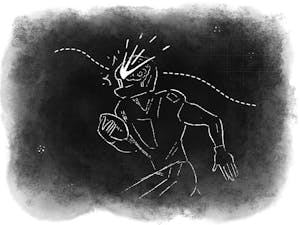 A chalk-line illustration of a football player against a blackground. The player is in profile with a marking by his head and a dotted line tracing through the impact.
