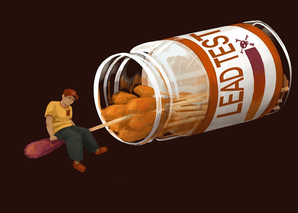 Illustration of a large clear bottle labeled lead test in orange words with many wooden sticks with fluffy orange ends. One of the sticks juts out of the bottle with a boy in a yellow shirt with red trim, baggy dark pants, a red hat and red sandals sitting on the end, looking down.