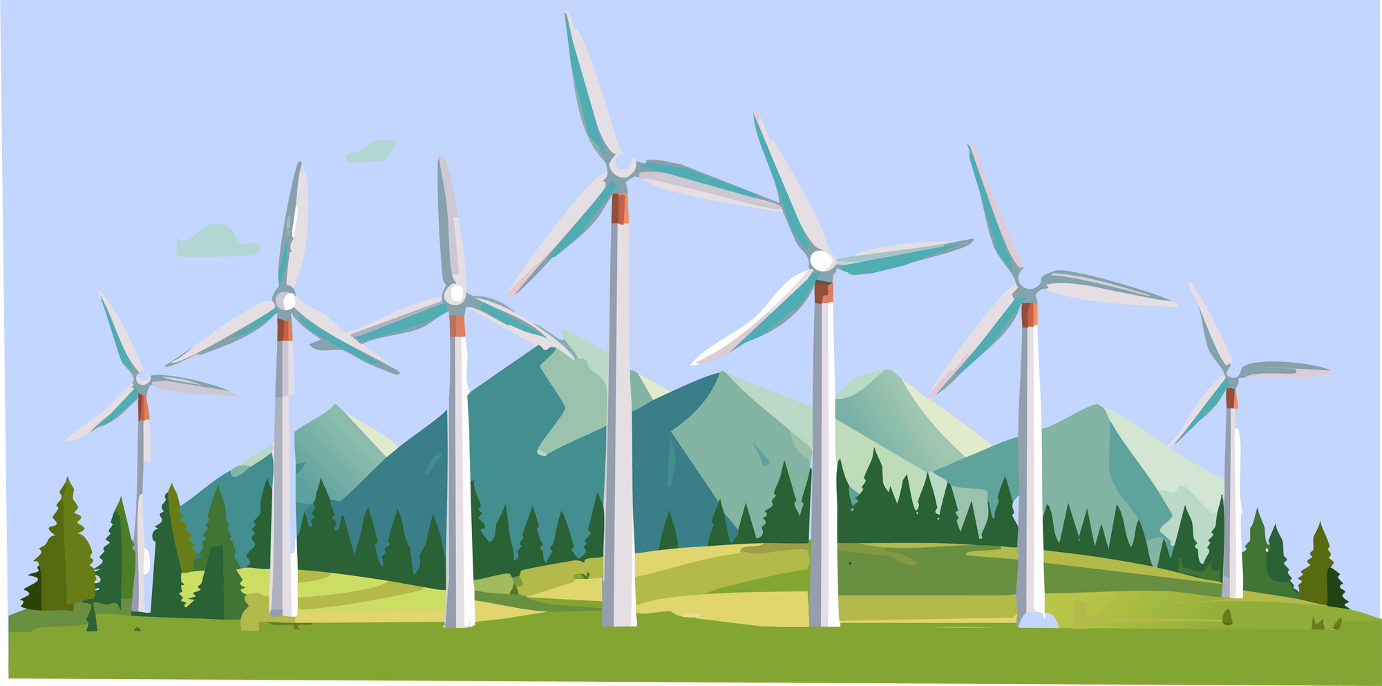 An illustration of a wind farm with mountains and trees in the background.