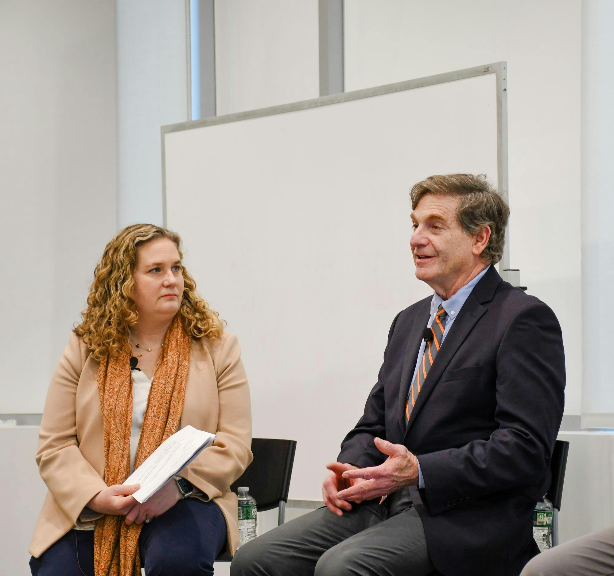  Director of the Pandemic Center Jennifer Nuzzo, sits next to Scott Rivkees, associate dean for education and professor in the School of Public Health.