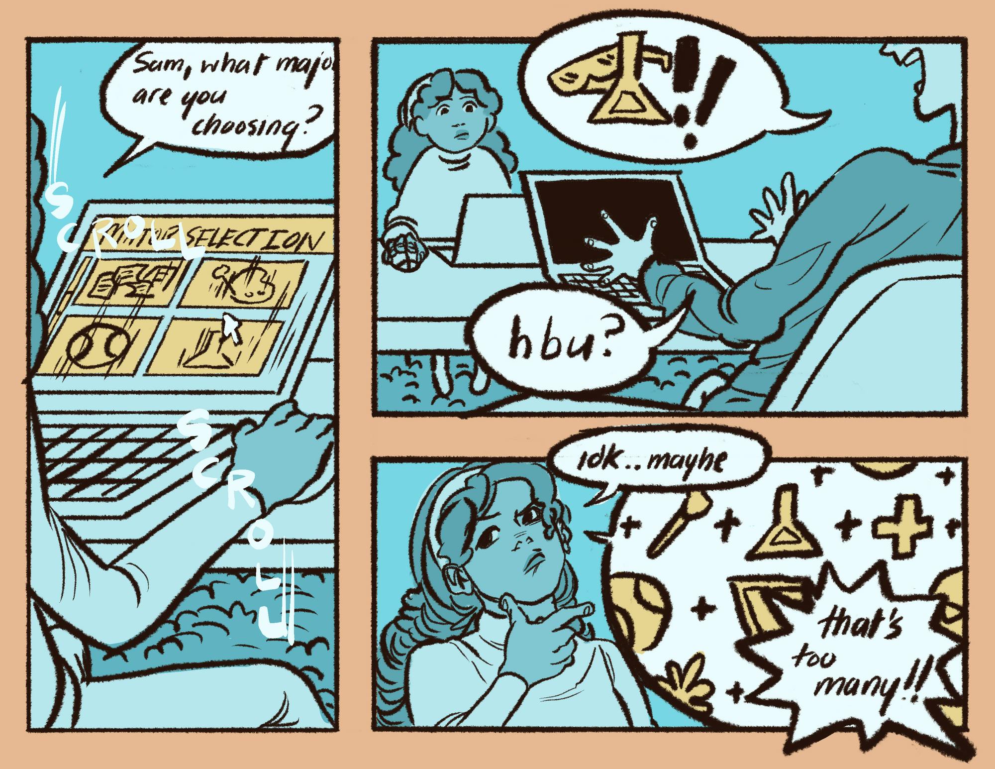 A three-panel illustration in which a student asks another what their major is, and they respond with a long list of symbols. The first student responds, “That’s too many!”