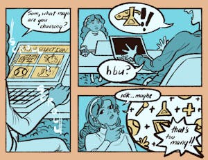 A three-panel illustration in which a student asks another what their major is, and they respond with a long list of symbols. The first student responds, “That’s too many!”