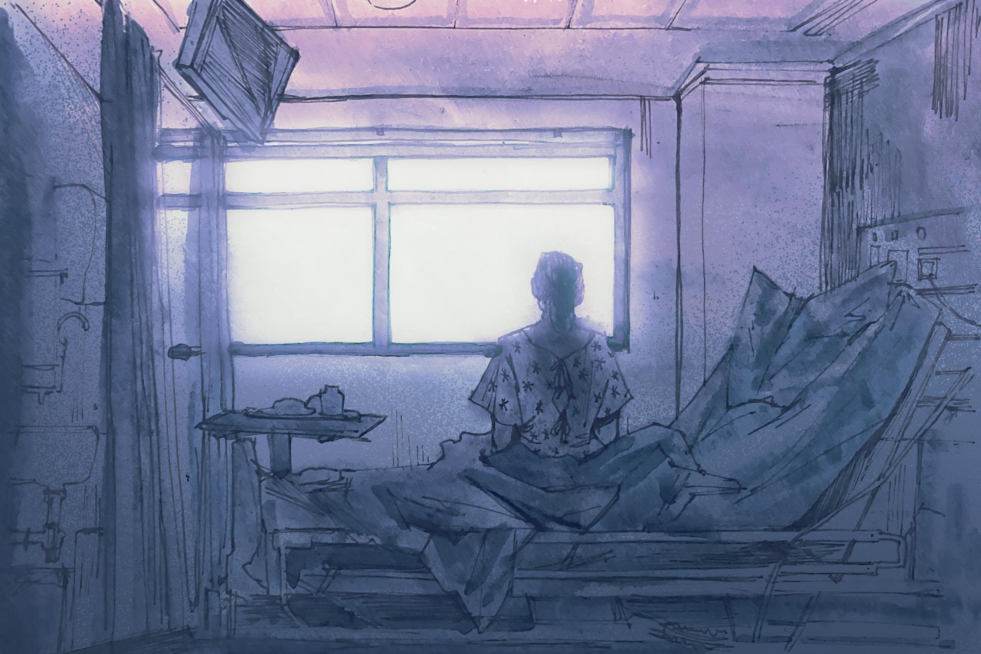 In a muted, melancholy blue and pink illustration, a patient in a hospital bed stares out of the window.