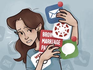 Drawing of a girl with a nervous expression holding square icons of Marriage Pact, email, canvas, calendar and messages.

