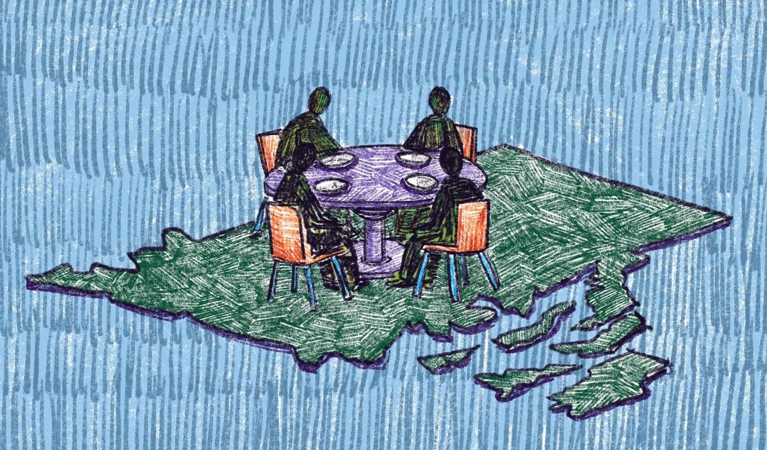 Illustration of 4 people sitting at a table that is placed atop a green silhouette of the state of Rhode Island with a blue background.