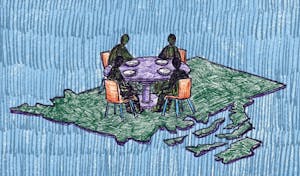 Illustration of 4 people sitting at a table that is placed atop a green silhouette of the state of Rhode Island with a blue background.