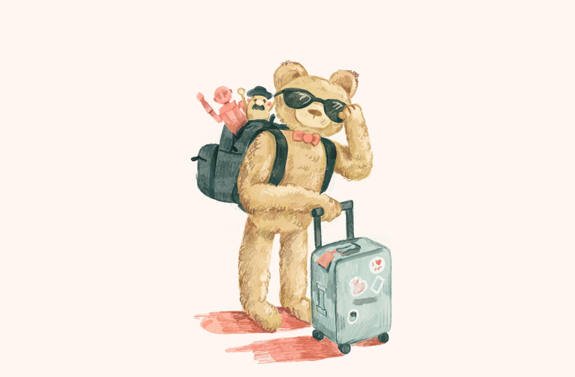 A teddy bear with a backpack full of toys and a suitcase.