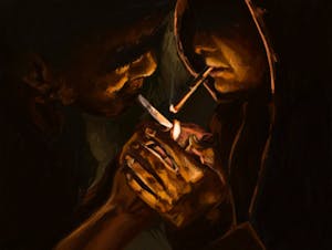 Illustration of two people sharing a lighter to light cigarettes