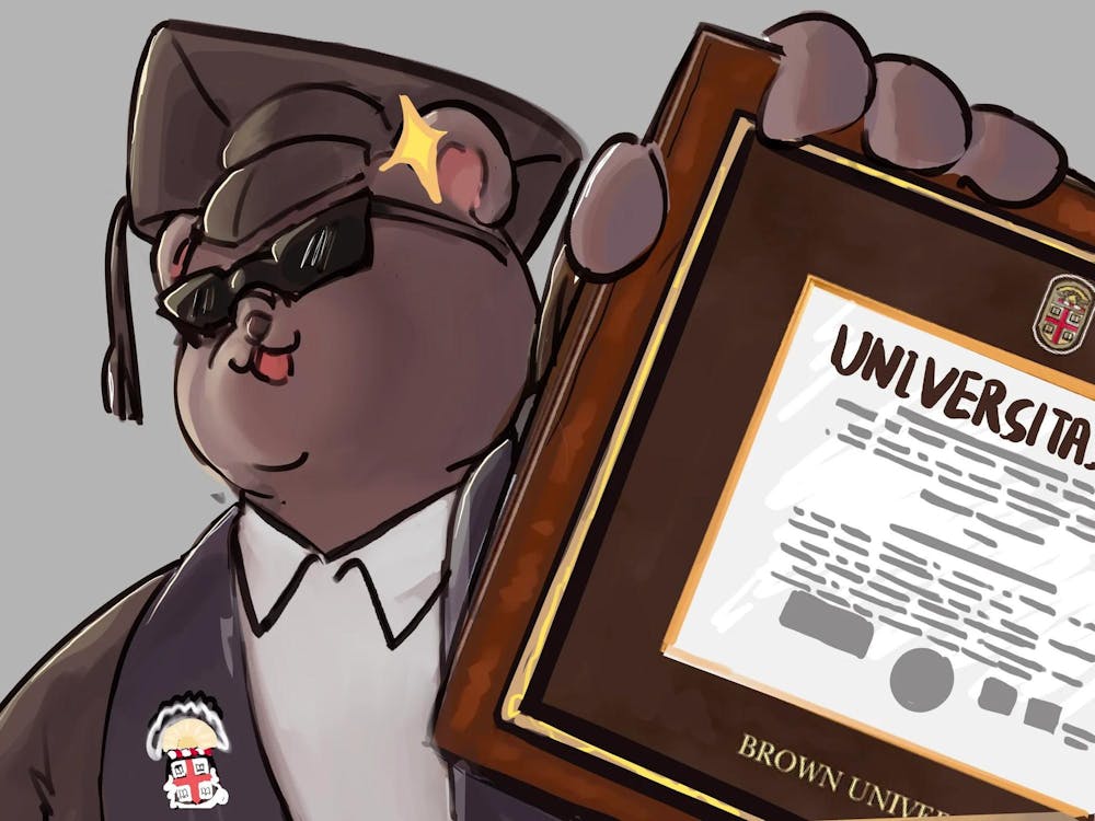 Illustration of a brown bear wearing sunglasses showing a framed diploma to the viewer