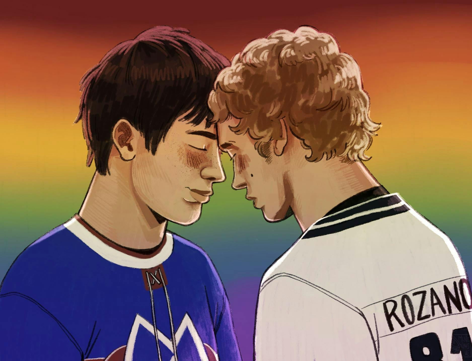 Man in blue jersey standing forehead-to-forehead with man in white jersey. 