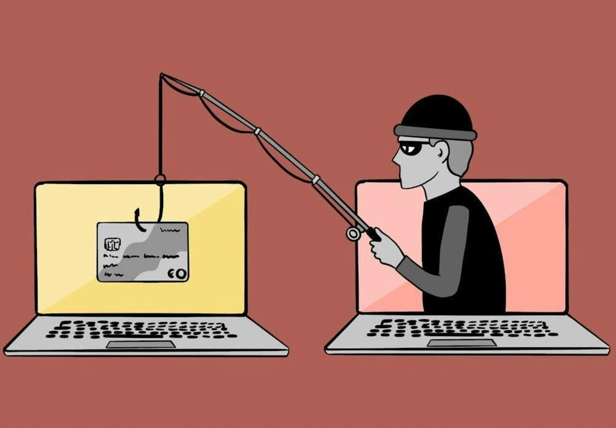 An illustration featuring a thief in all black popping out of a red-screened laptop using a fishing rod to steal a credit card from a yellow-screened laptop, dark red background. 