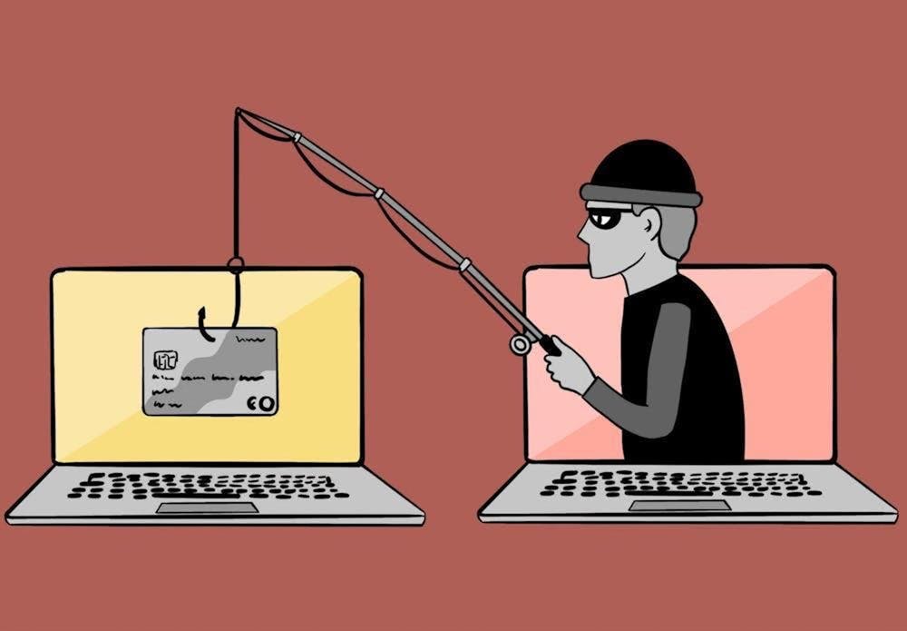 An illustration featuring a thief in all black popping out of a red-screened laptop using a fishing rod to steal a credit card from a yellow-screened laptop, dark red background. 