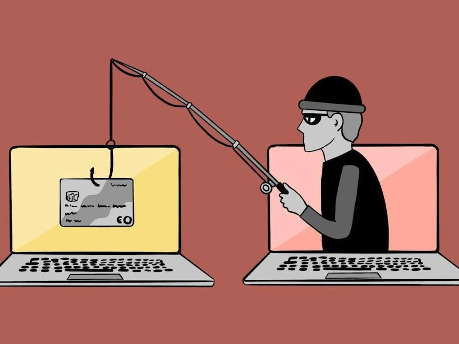 An illustration featuring a thief in all black popping out of a red-screened laptop using a fishing rod to steal a credit card from a yellow-screened laptop, dark red background.