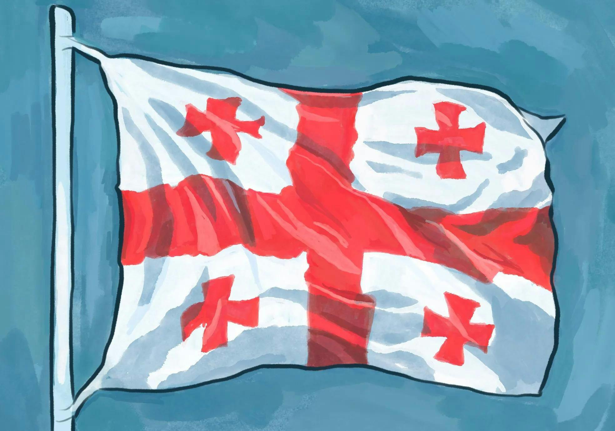 Illustration of the Georgian flag on a flag pole waving in the air over a blue background.