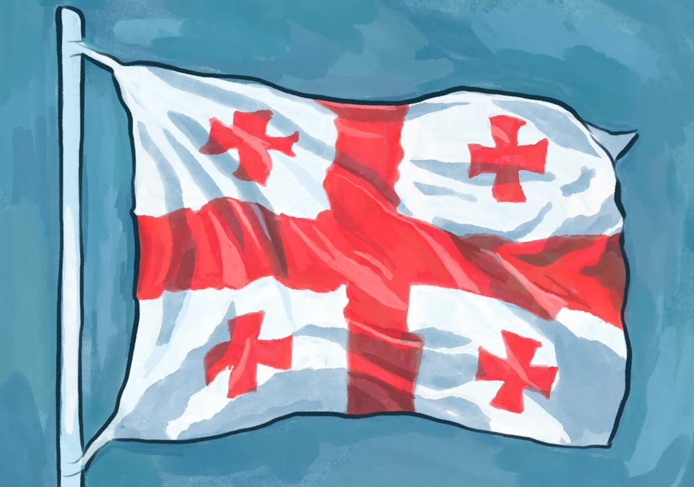 Illustration of the Georgian flag on a flag pole waving in the air over a blue background.