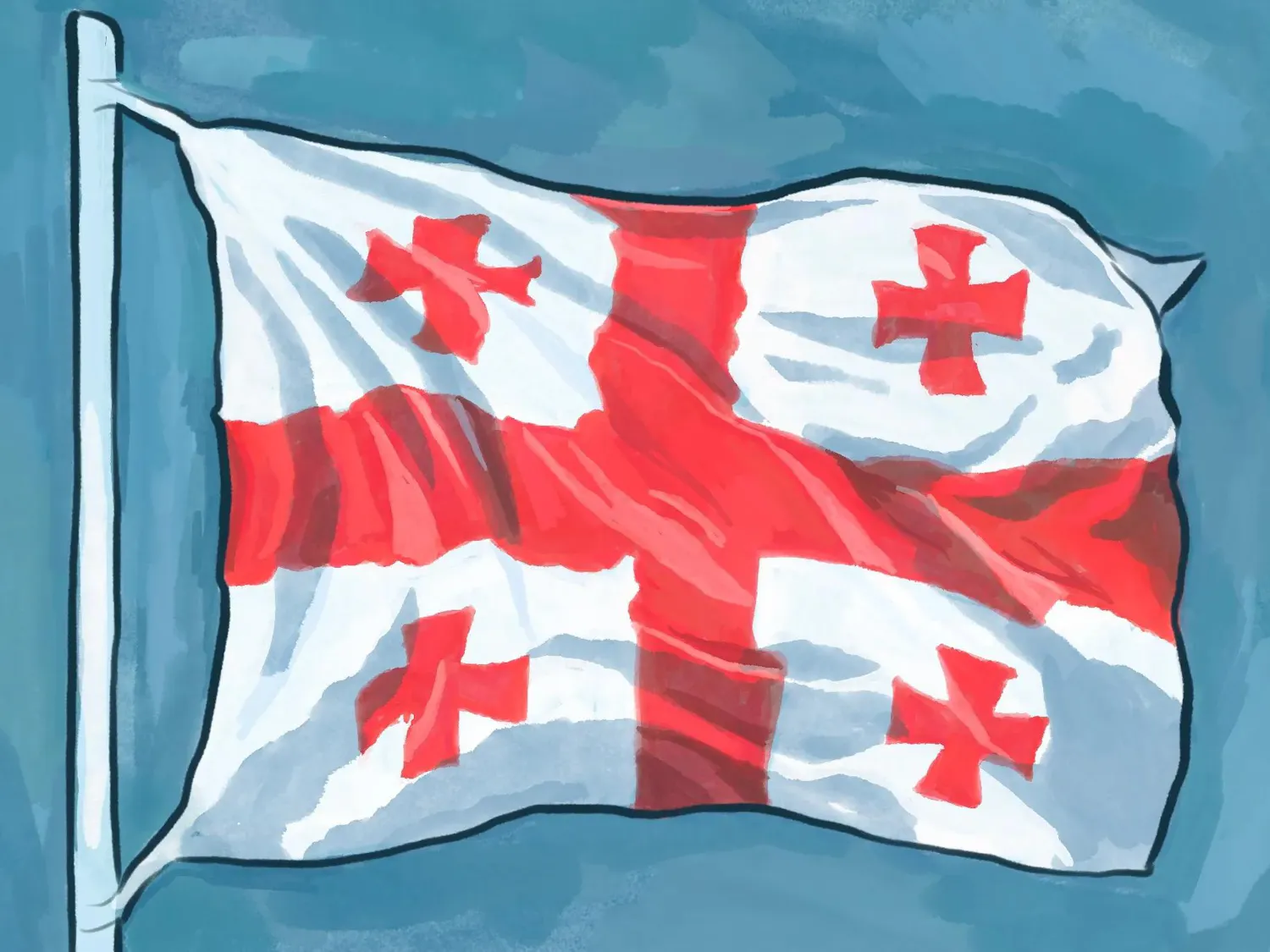 Illustration of the Georgian flag on a flag pole waving in the air over a blue background.
