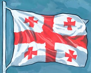 Illustration of the Georgian flag on a flag pole waving in the air over a blue background.