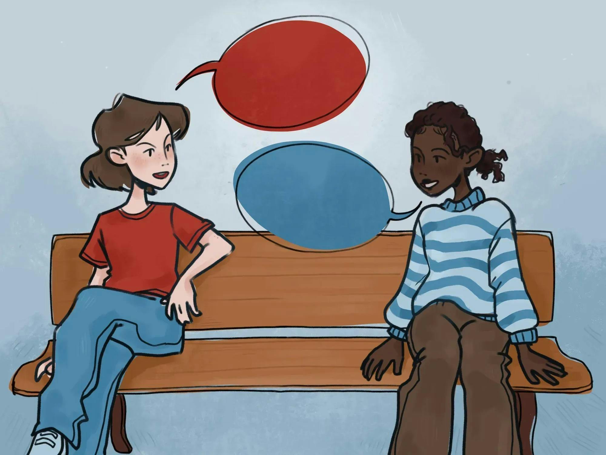 Illustration of two people on a bench, one in red and one in blue, talking with red and blue speech bubbles between them.
