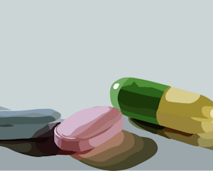 An illustration of three colorful pills.